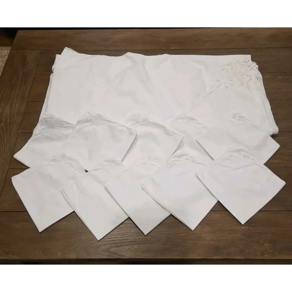 VINTAGE Battenberg Lace Tablecloth & 10 Napkins Set 112x62 Rectangular White NOS